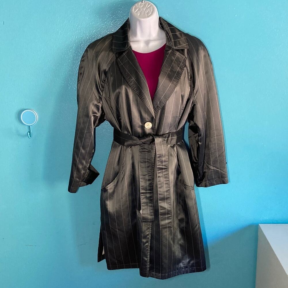 Nina Ricci Womens Size 38 Vintage Gray Striped Belted Trench Coat Made in France